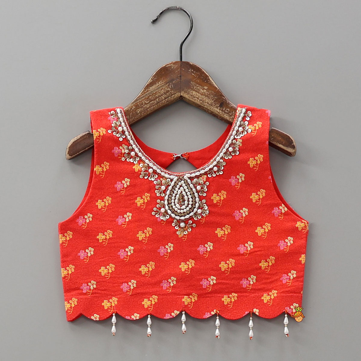 Pre Order: Red Sleeveless Embroidered Scalloped Top With Lehenga And Hairband