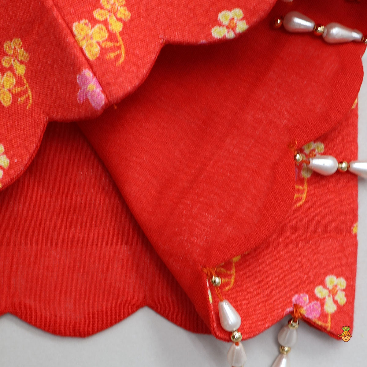 Pre Order: Red Sleeveless Embroidered Scalloped Top With Lehenga And Hairband