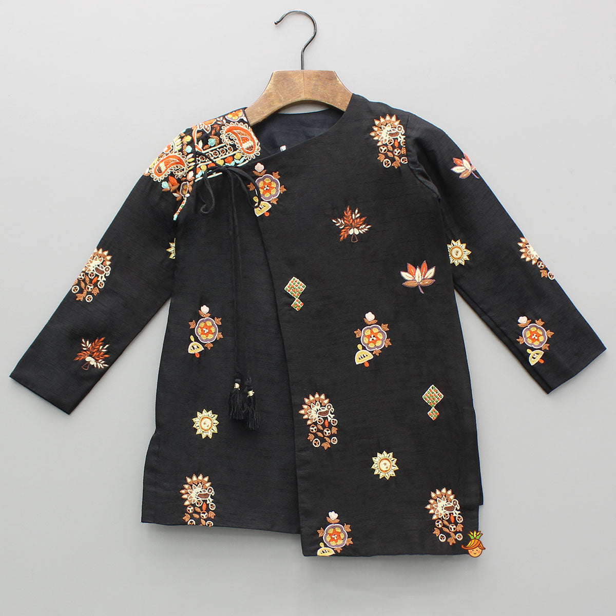 Pre Order: Black Asymmetric Floral Embroidered Kurta With Pyjama