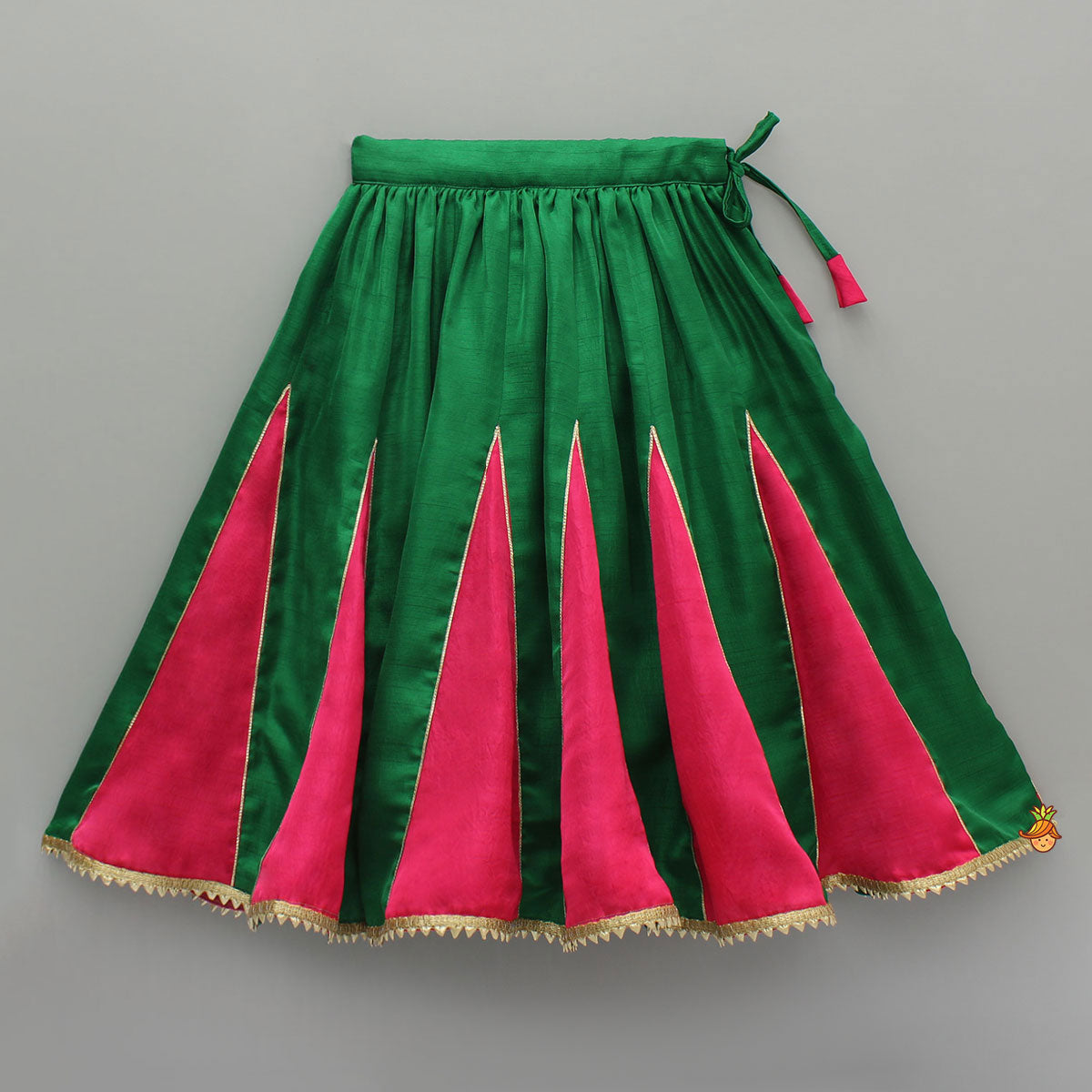 Pre Order: Pink And Green Embroidered Ruffle Top With Lehenga And Dupatta