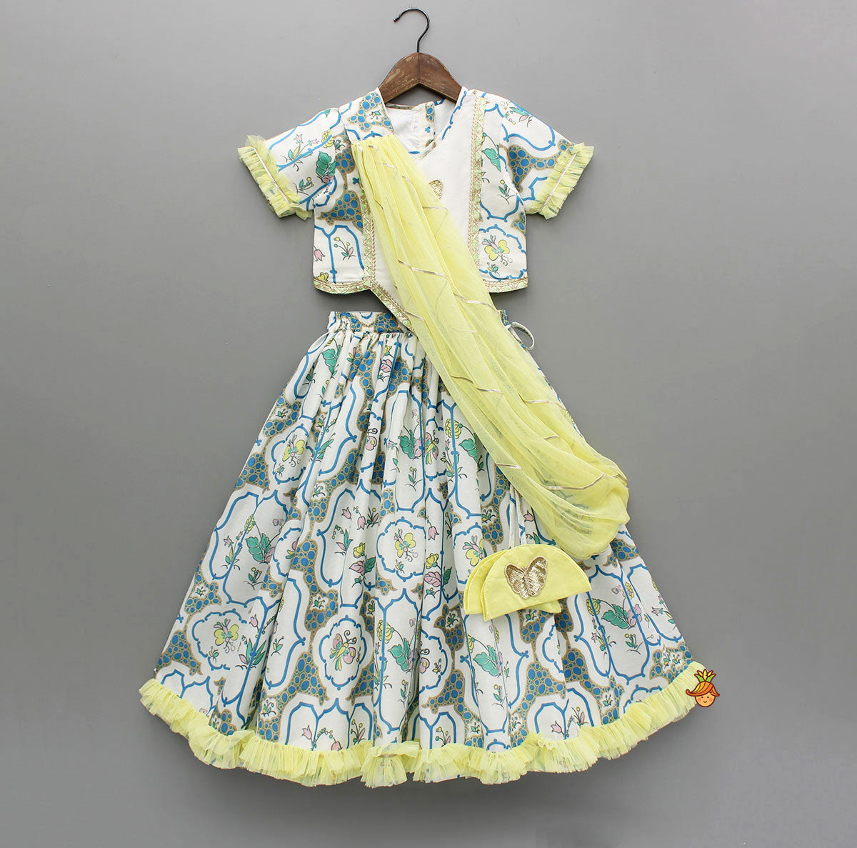 Pre Order: Butterfly Adorned Floral Multicolour Top With Lehenga And Side Sash Dupatta