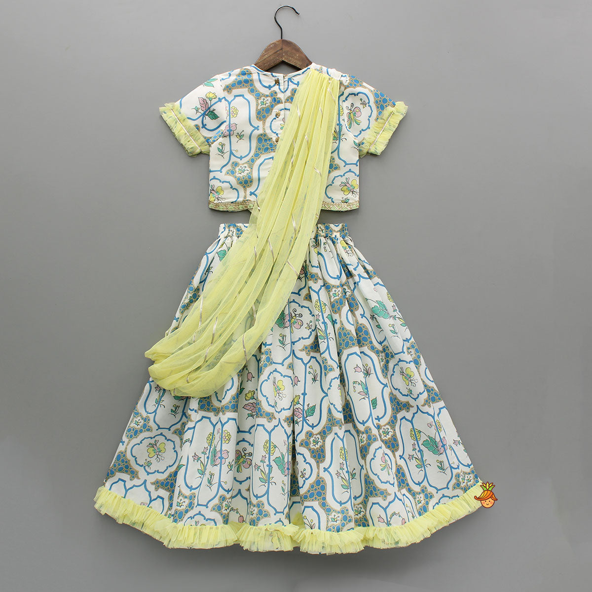 Pre Order: Butterfly Adorned Floral Multicolour Top With Lehenga And Side Sash Dupatta