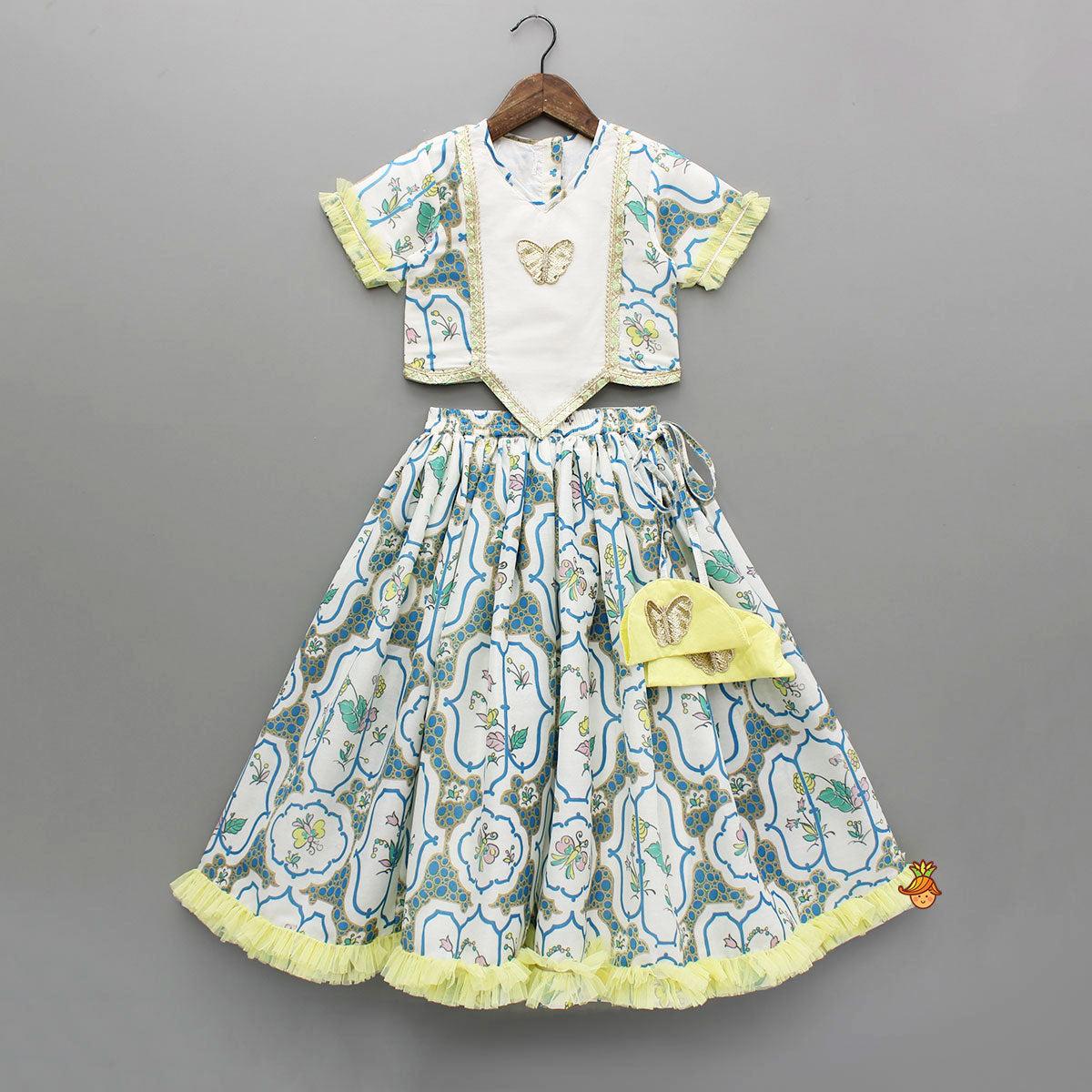 Pre Order: Butterfly Adorned Floral Multicolour Top With Lehenga And Side Sash Dupatta