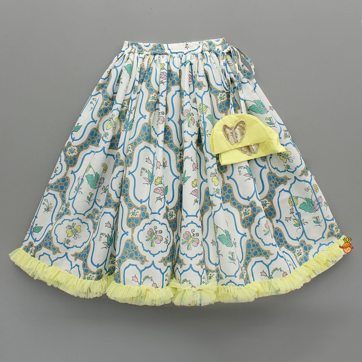 Pre Order: Butterfly Adorned Floral Multicolour Top With Lehenga And Side Sash Dupatta