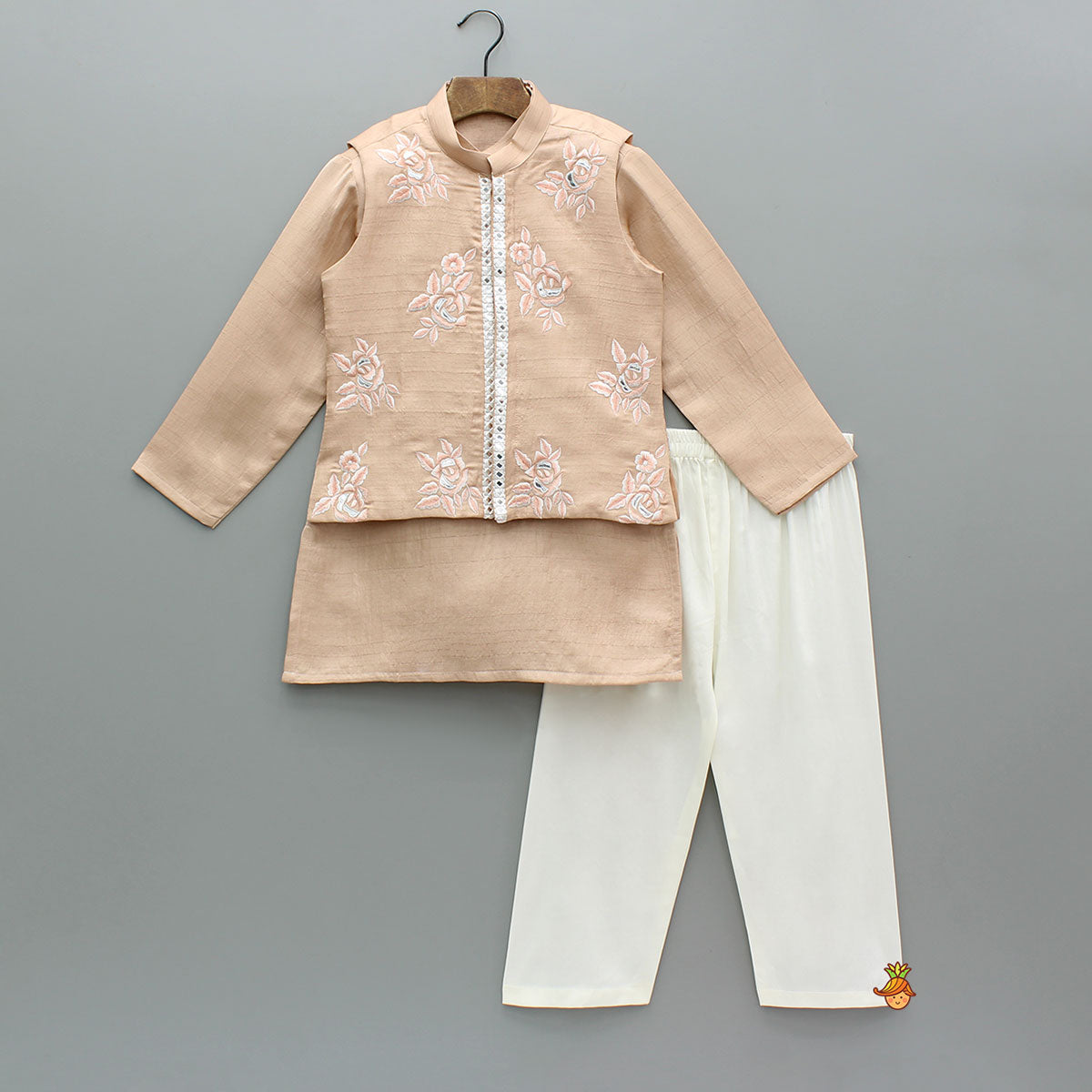 Pre Order: Peach Silk Kurta With Floral Embroidered Jacket And Pyjama