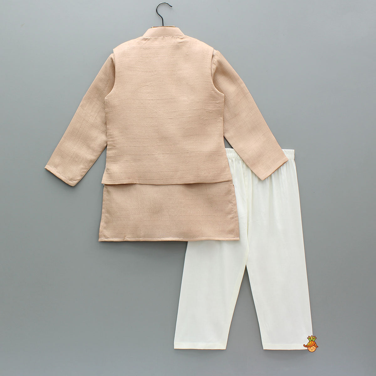 Pre Order: Peach Silk Kurta With Floral Embroidered Jacket And Pyjama