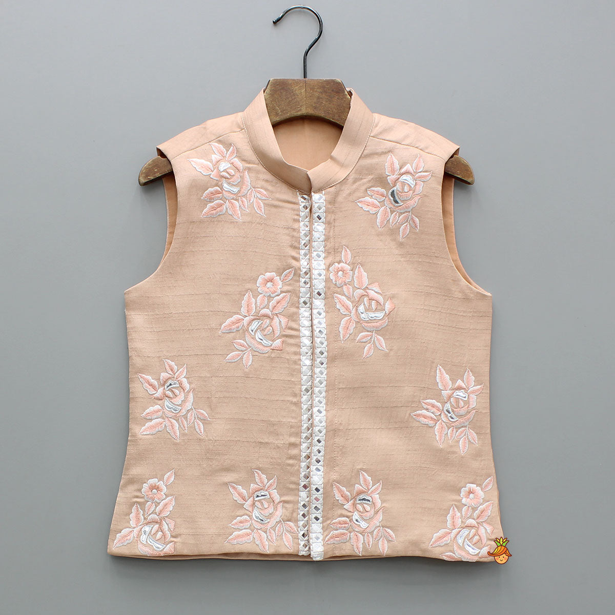 Pre Order: Peach Silk Kurta With Floral Embroidered Jacket And Pyjama