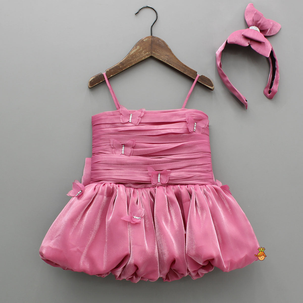 Pre Order: Pink Butterfly Embellished Shimmery Strappy Balloon Dress With Shimmery Hairband