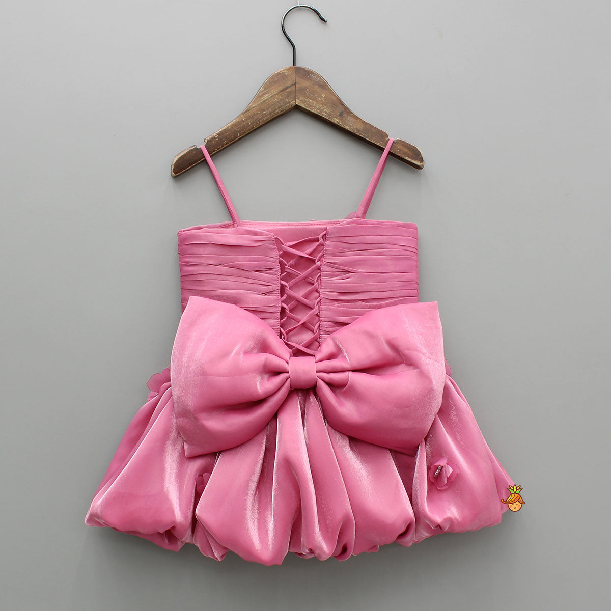 Pre Order: Pink Butterfly Embellished Shimmery Strappy Balloon Dress With Shimmery Hairband