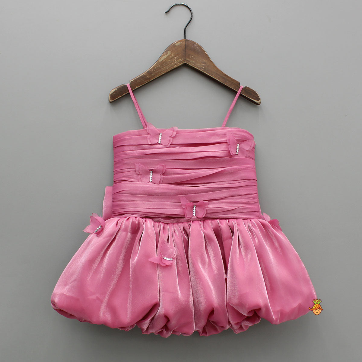 Pre Order: Pink Butterfly Embellished Shimmery Strappy Balloon Dress With Shimmery Hairband
