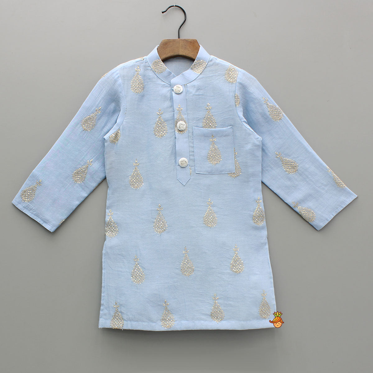 Pre Order: Blue Motif Embroidered Chanderi Kurta With Dhoti