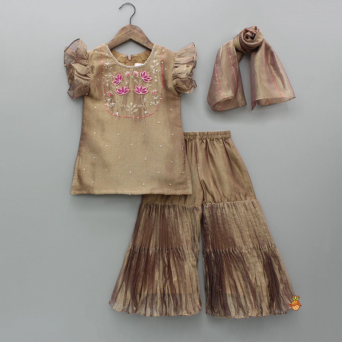 Pre Order: Brown Lotus Embroidered Shimmery Kurti With Pleated Sharara And Dupatta