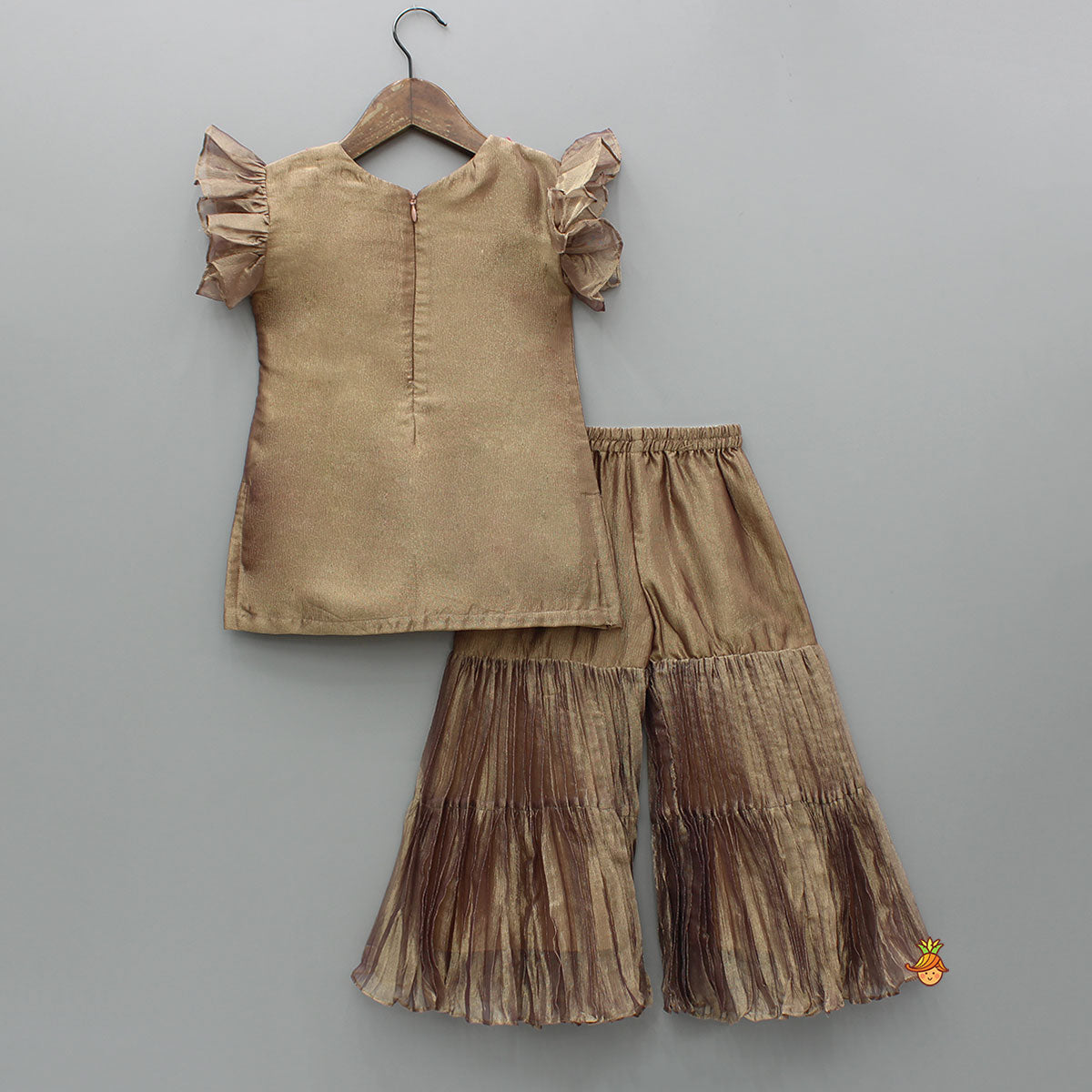Pre Order: Brown Lotus Embroidered Shimmery Kurti With Pleated Sharara And Dupatta