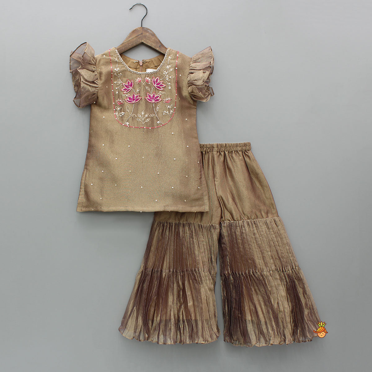 Pre Order: Brown Lotus Embroidered Shimmery Kurti With Pleated Sharara And Dupatta