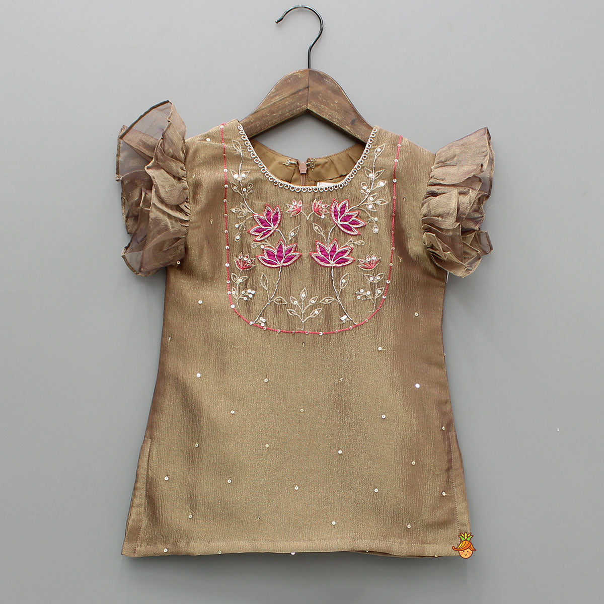 Pre Order: Brown Lotus Embroidered Shimmery Kurti With Pleated Sharara And Dupatta