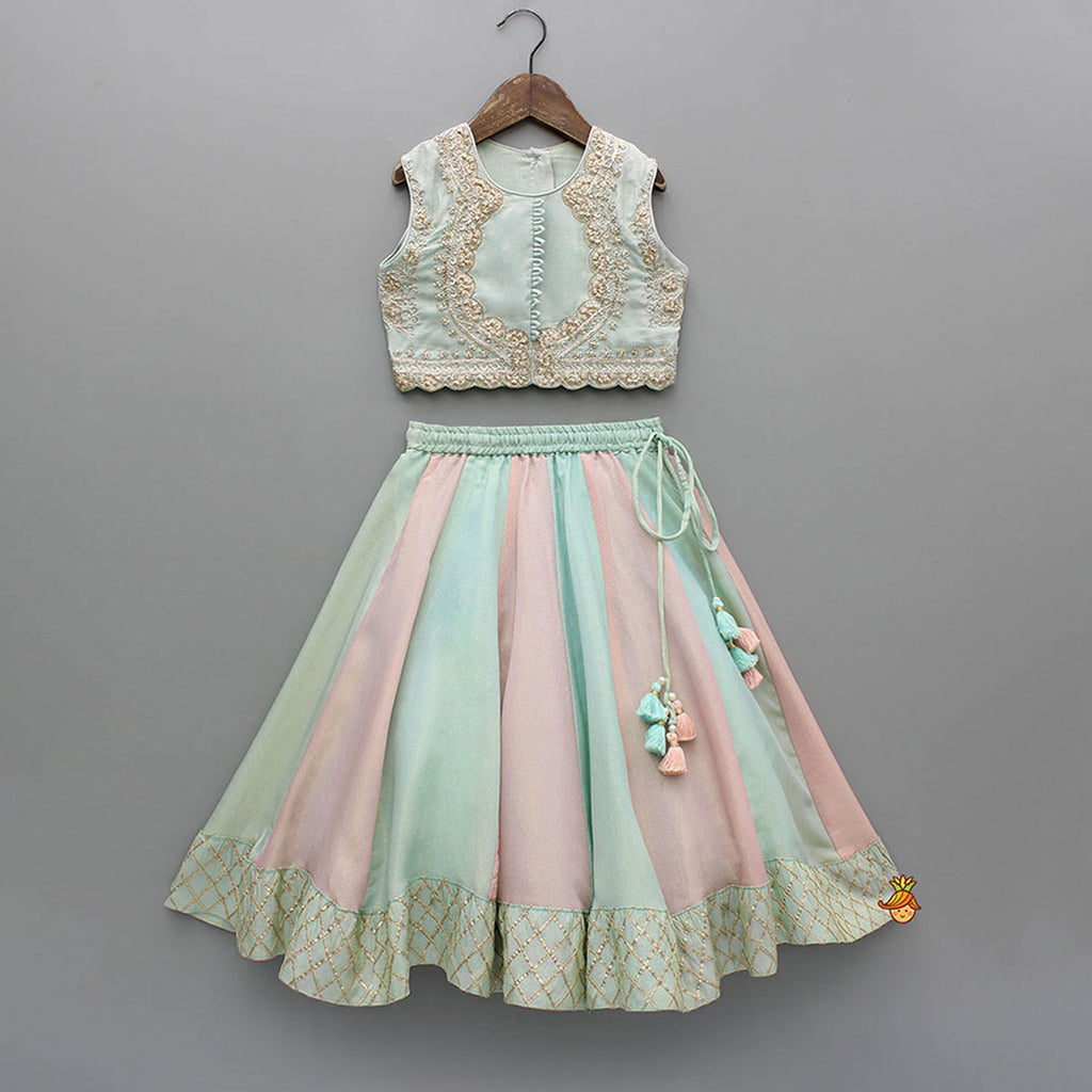Pink Shimmery Sequin Embroidered Top With Flared Lehenga And Matching Dupatta main image 0