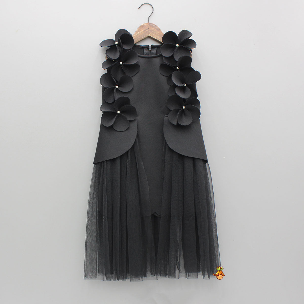 Pre Order: Black Flowers Adorned Net Panel Dress