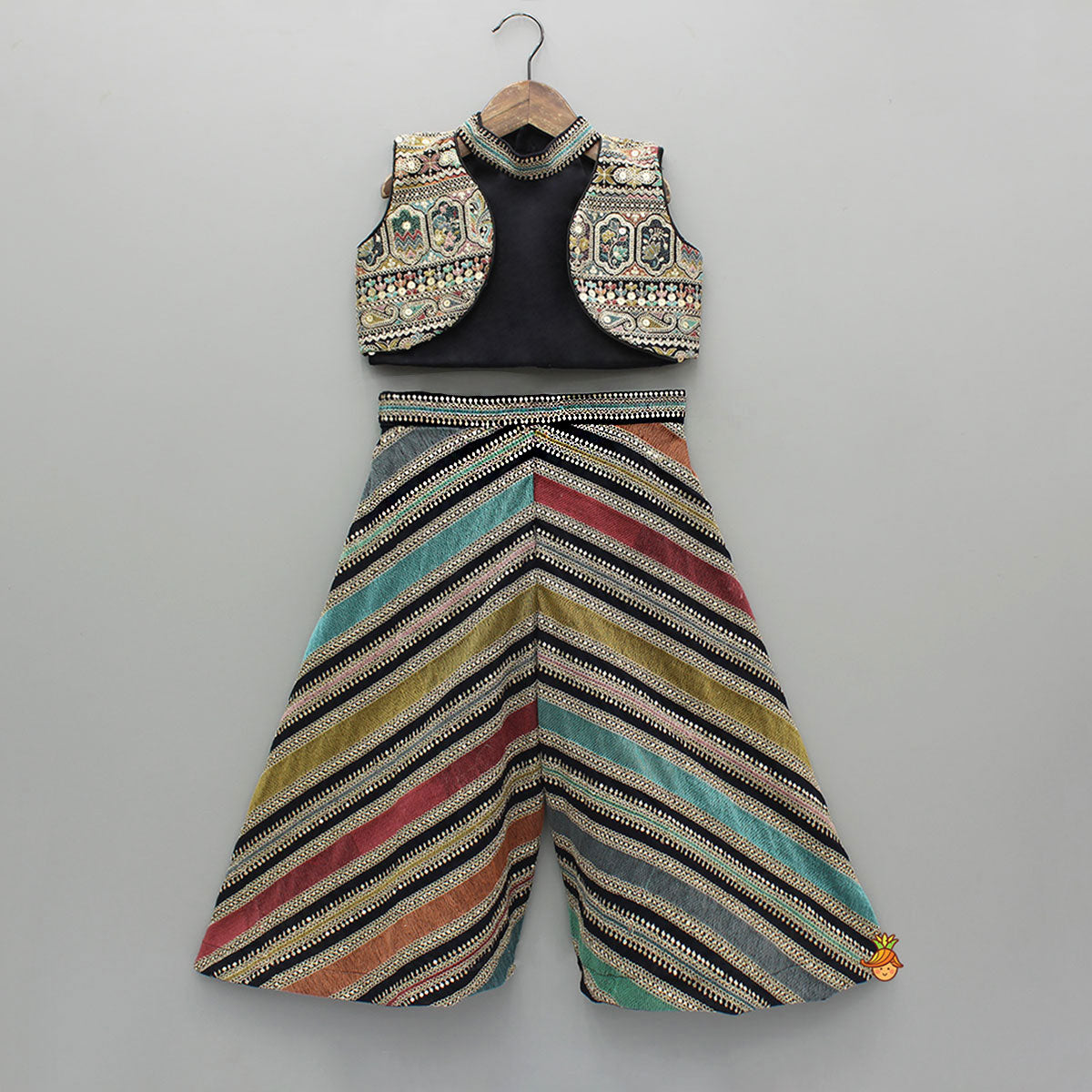 Pre Order: Black Halter Neck Top With Embroidered Jacket And Palazzo