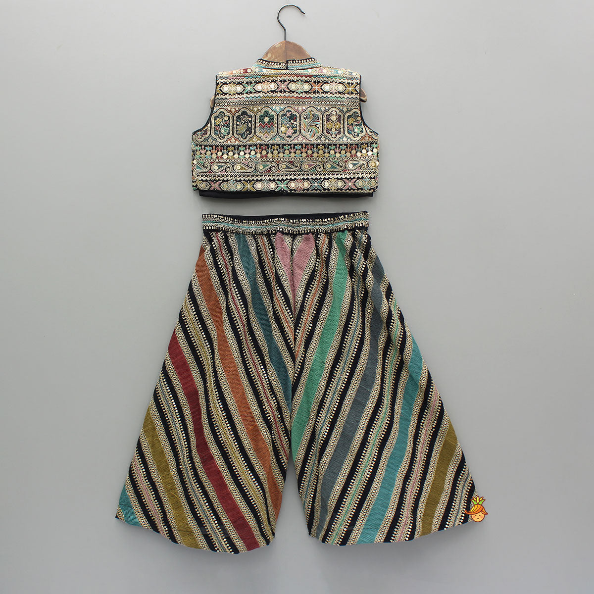 Pre Order: Black Halter Neck Top With Embroidered Jacket And Palazzo