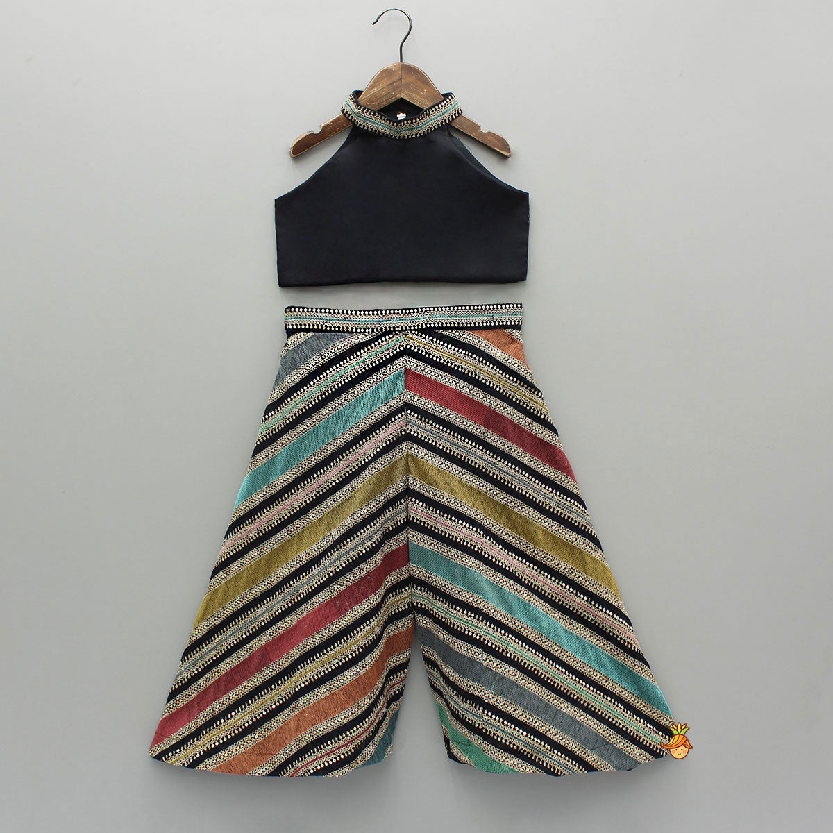 Pre Order: Black Halter Neck Top With Embroidered Jacket And Palazzo