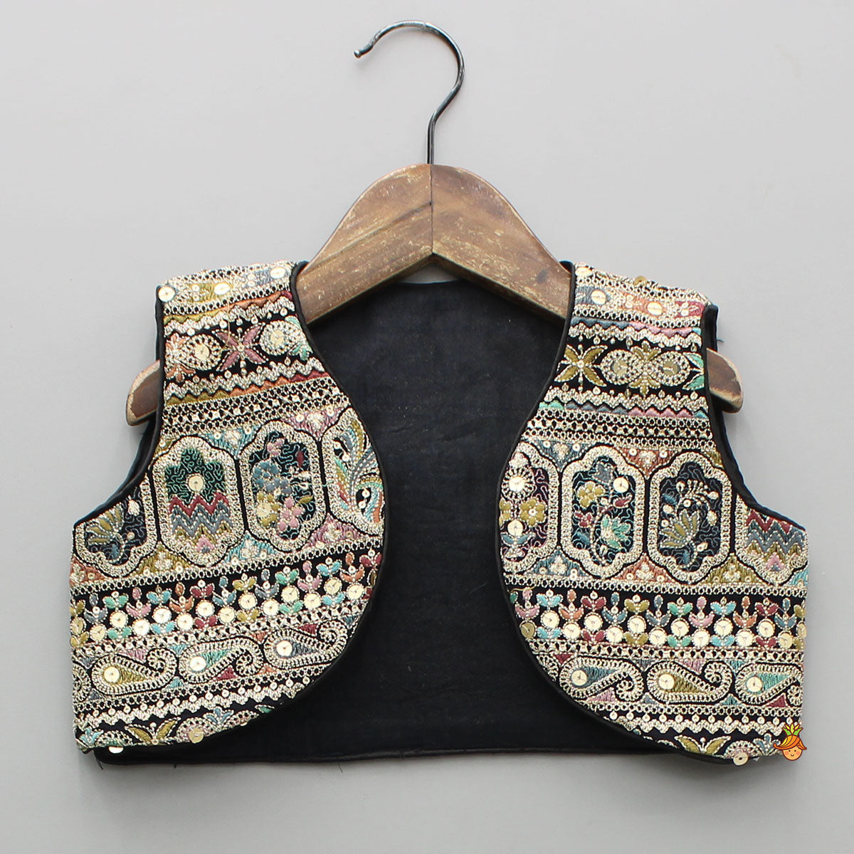 Pre Order: Black Halter Neck Top With Embroidered Jacket And Palazzo