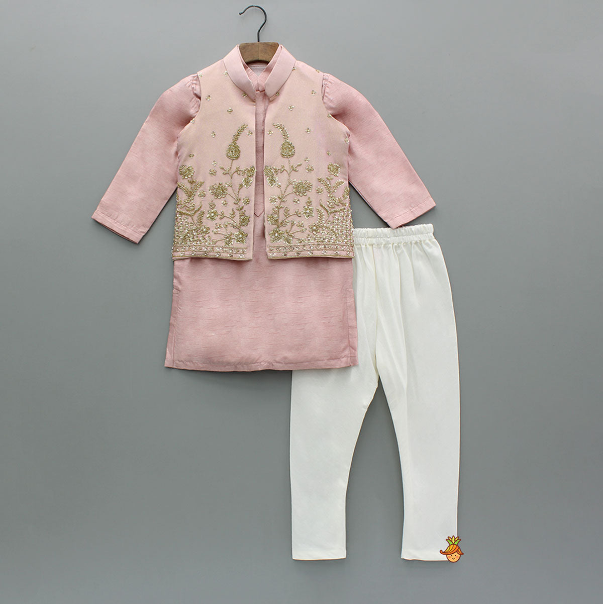 Pre Order: Pink Silk Kurta With Shimmery Pink Front Open Embroidered Jacket And Churidar