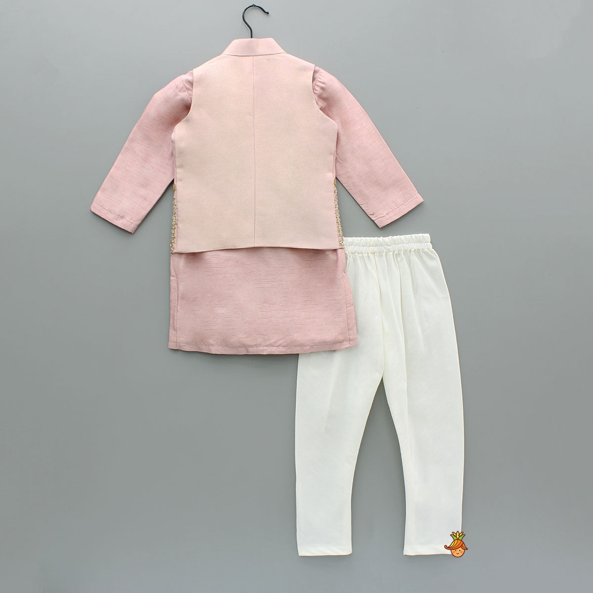 Pre Order: Pink Silk Kurta With Shimmery Pink Front Open Embroidered Jacket And Churidar