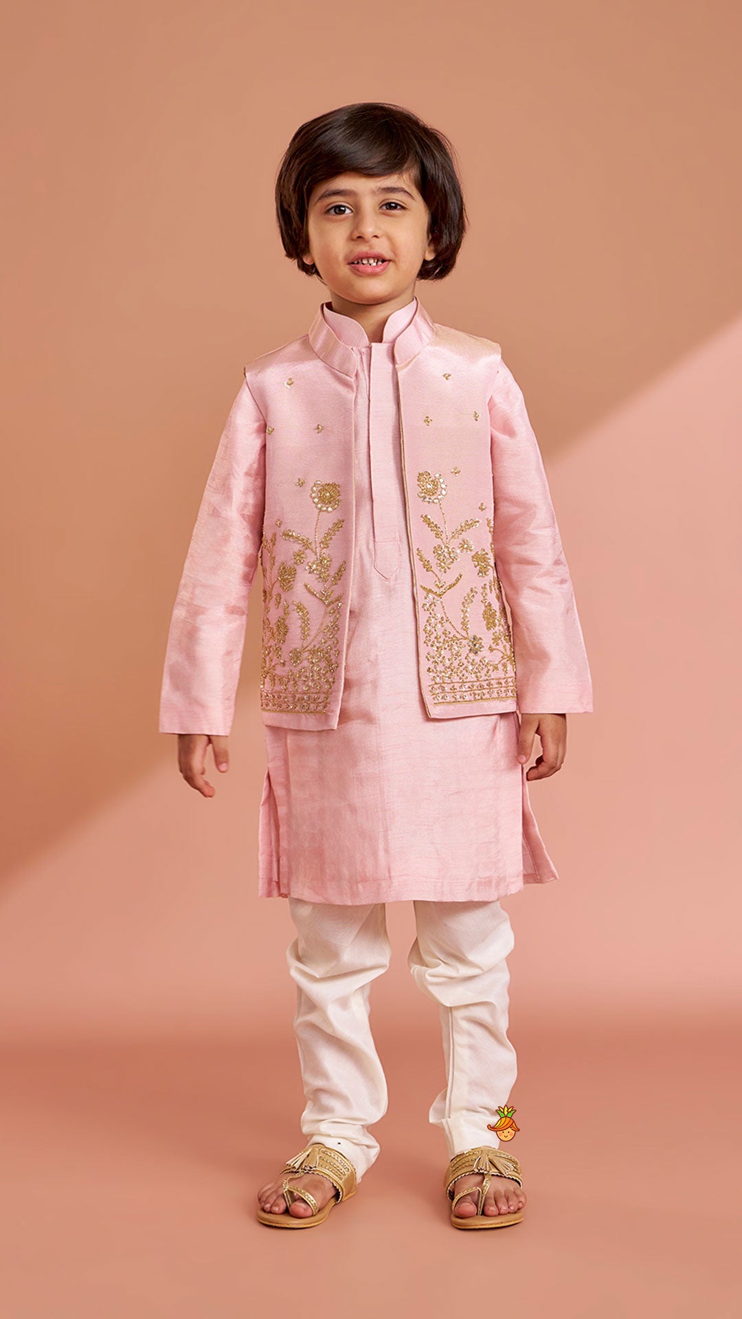 Pre Order: Pink Silk Kurta With Shimmery Pink Front Open Embroidered Jacket And Churidar