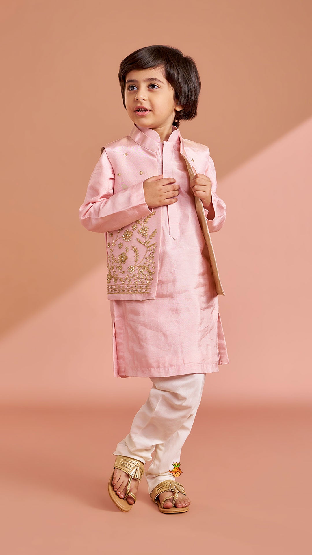 Pre Order: Pink Silk Kurta With Shimmery Pink Front Open Embroidered Jacket And Churidar