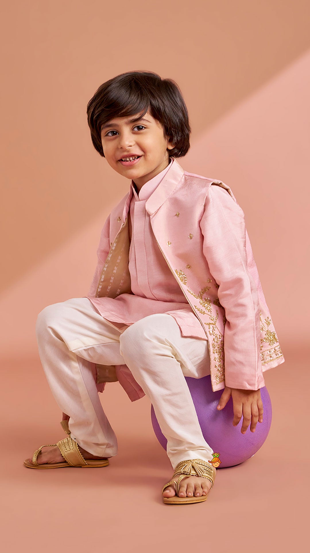 Pre Order: Pink Silk Kurta With Shimmery Pink Front Open Embroidered Jacket And Churidar