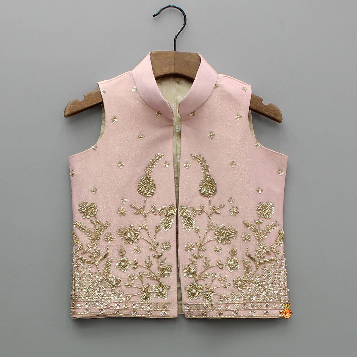 Pre Order: Pink Silk Kurta With Shimmery Pink Front Open Embroidered Jacket And Churidar