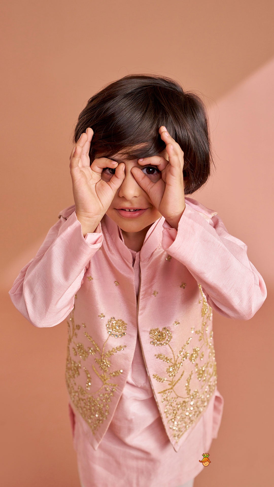 Pre Order: Pink Silk Kurta With Shimmery Pink Front Open Embroidered Jacket And Churidar