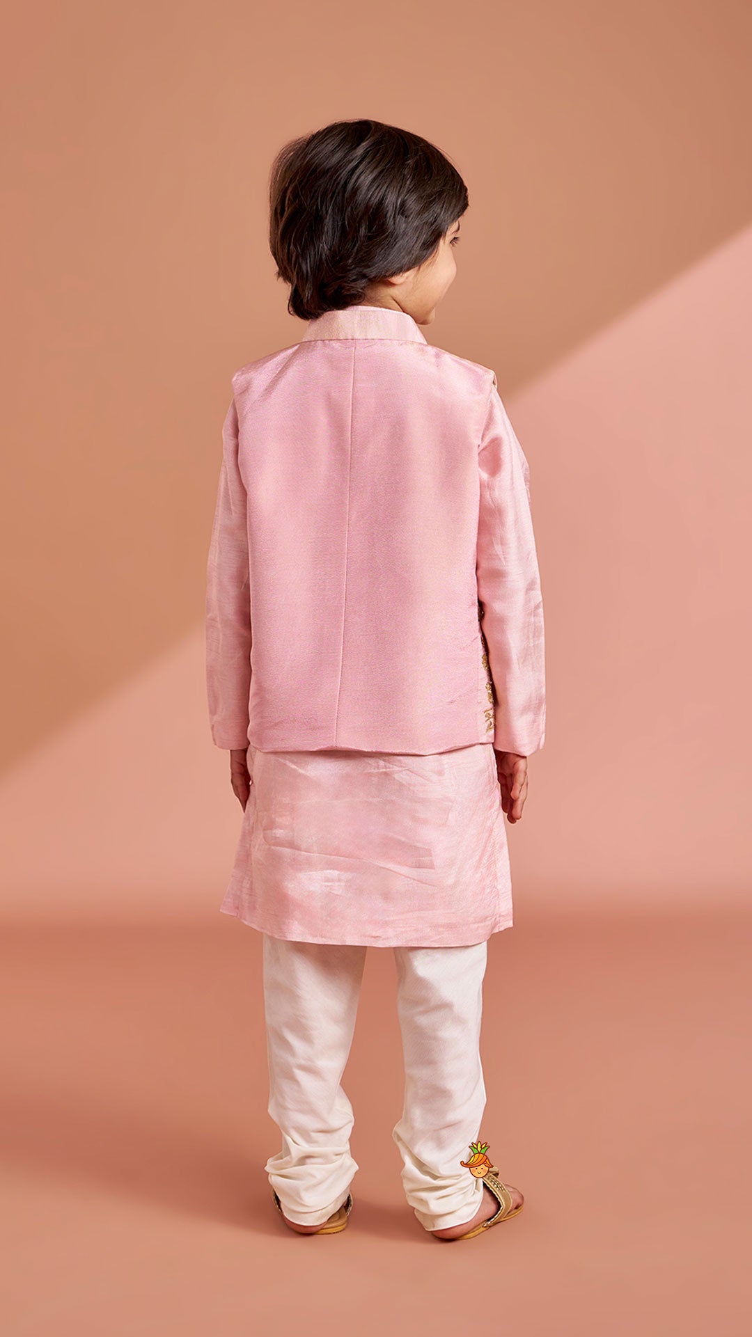 Pre Order: Pink Silk Kurta With Shimmery Pink Front Open Embroidered Jacket And Churidar