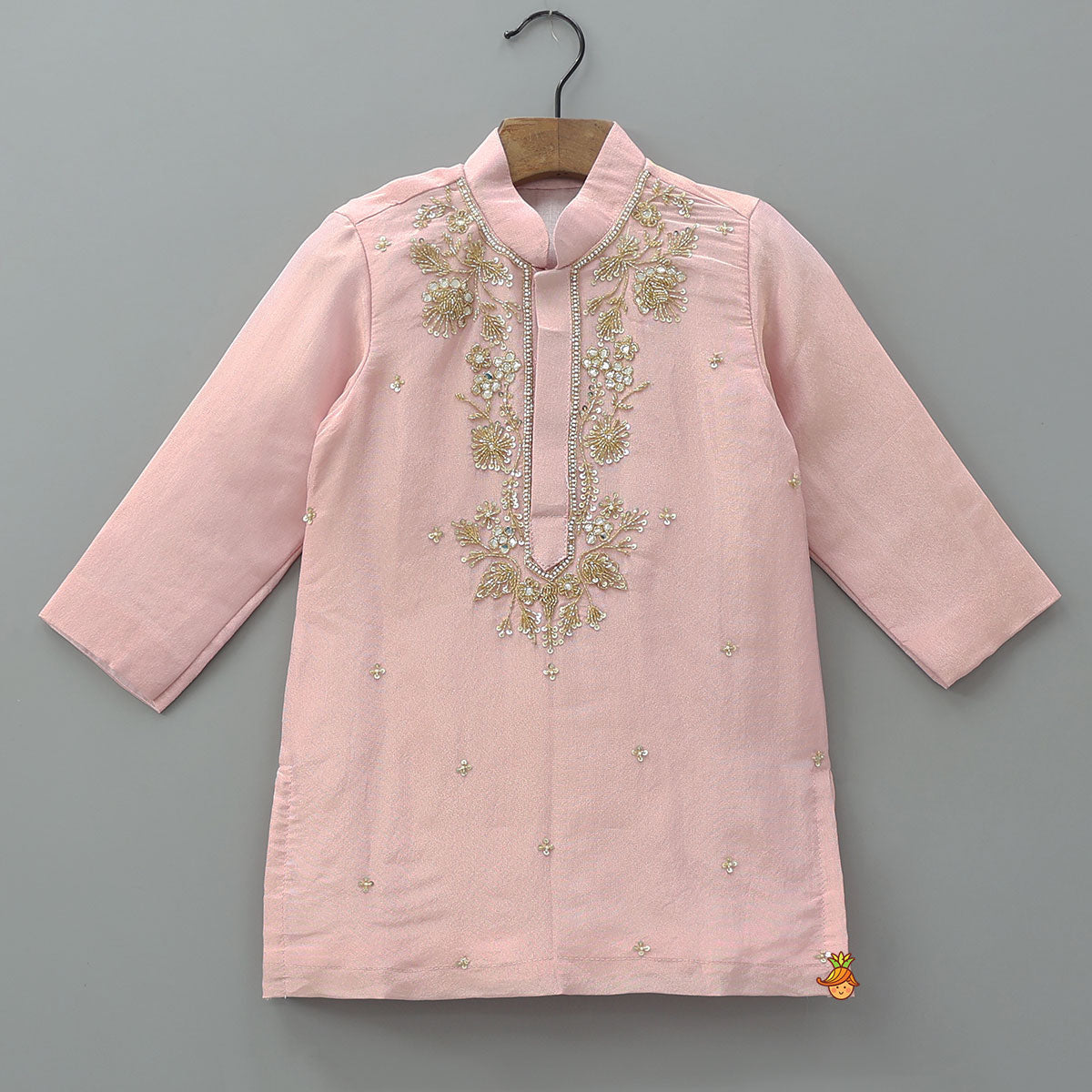 Pre Order: Shimmery Faux Mirror Embroidered Silk Kurta With Churidar