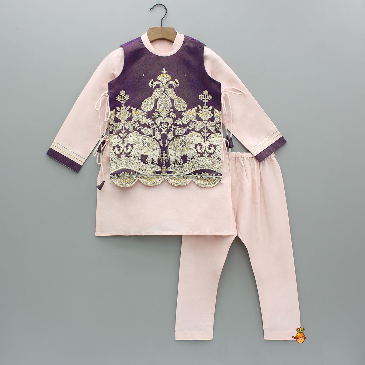 Pre Order: Pink Kurta With Side-Knot Detailed Shimmer Jacket And Pyjama