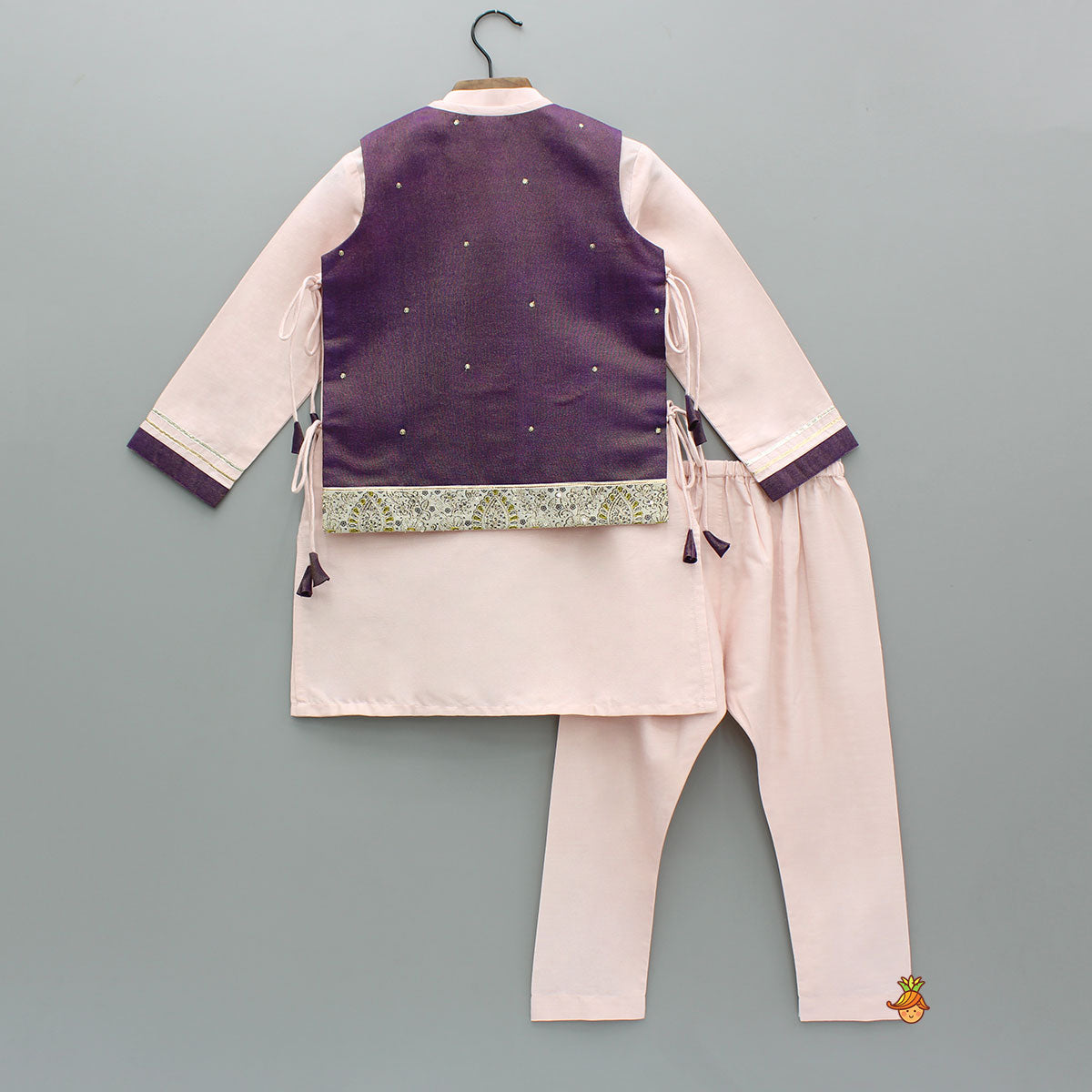 Pre Order: Pink Kurta With Side-Knot Detailed Shimmer Jacket And Pyjama