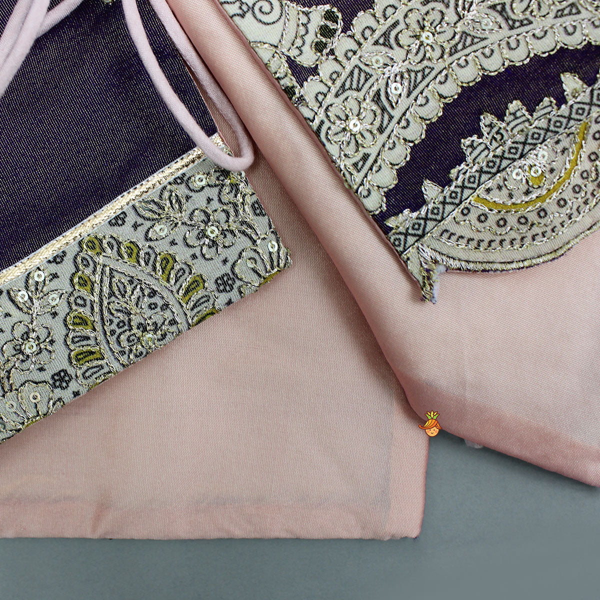 Pre Order: Pink Kurta With Side-Knot Detailed Shimmer Jacket And Pyjama
