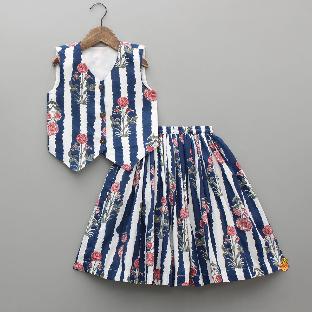 Blue And White Floral Printed Waistcoat Style Top With Skirt