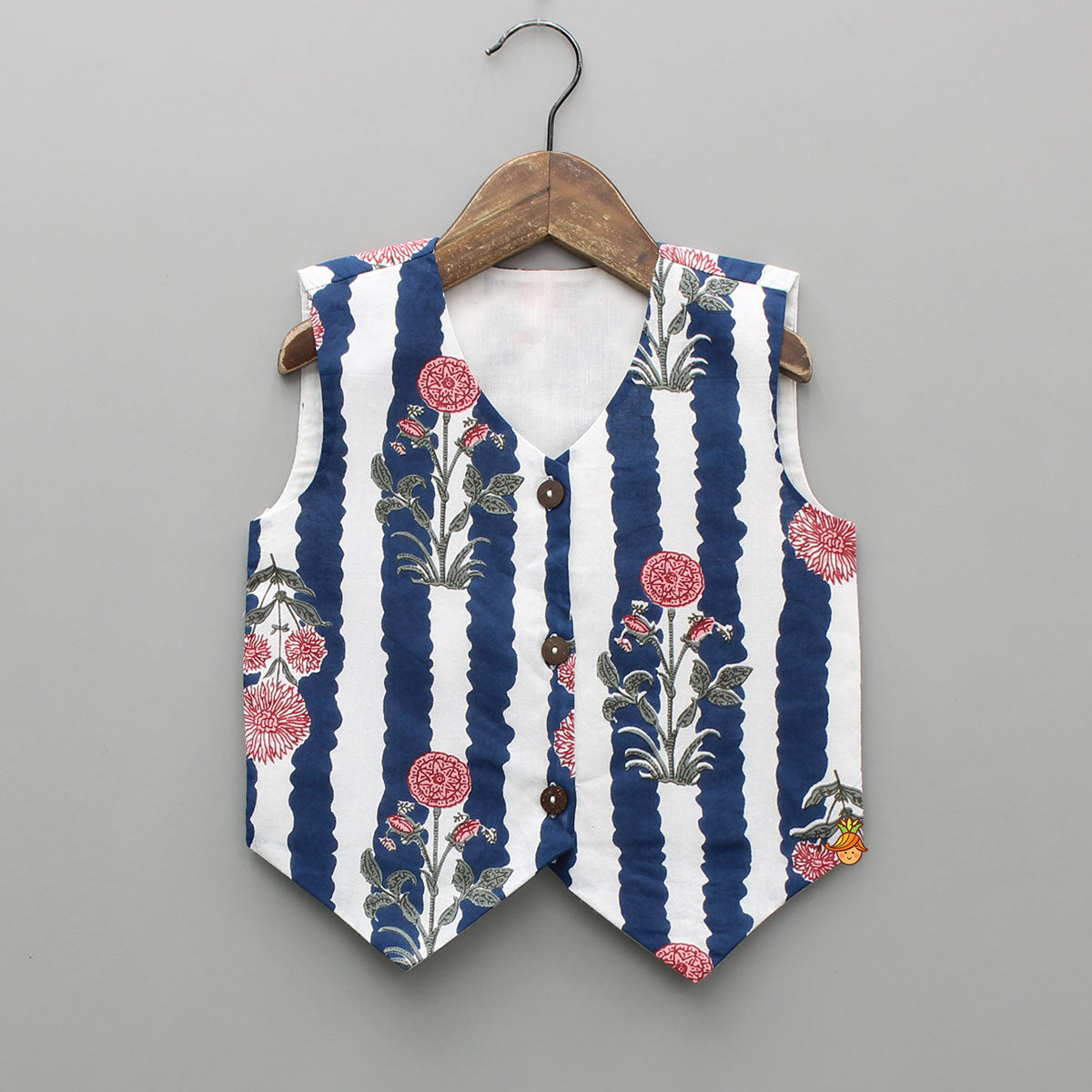 Blue And White Floral Printed Waistcoat Style Top With Skirt
