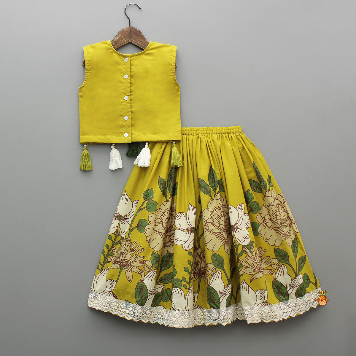 Mustard Yellow Floral Crop Top and Lehenga