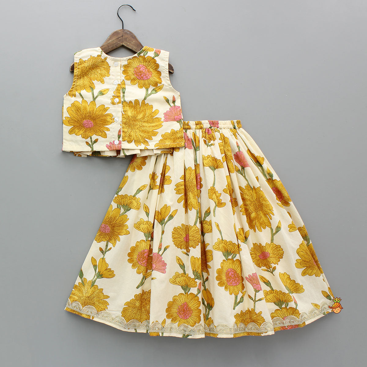 Floral Printed Sleeveless Ruffled Top With Matching Lehenga