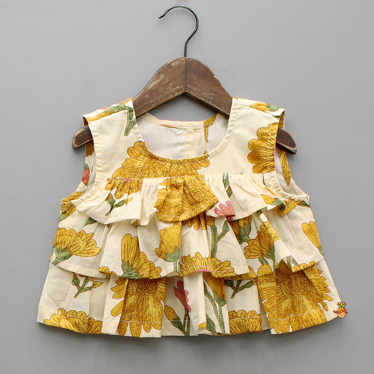 Floral Printed Sleeveless Ruffled Top With Matching Lehenga