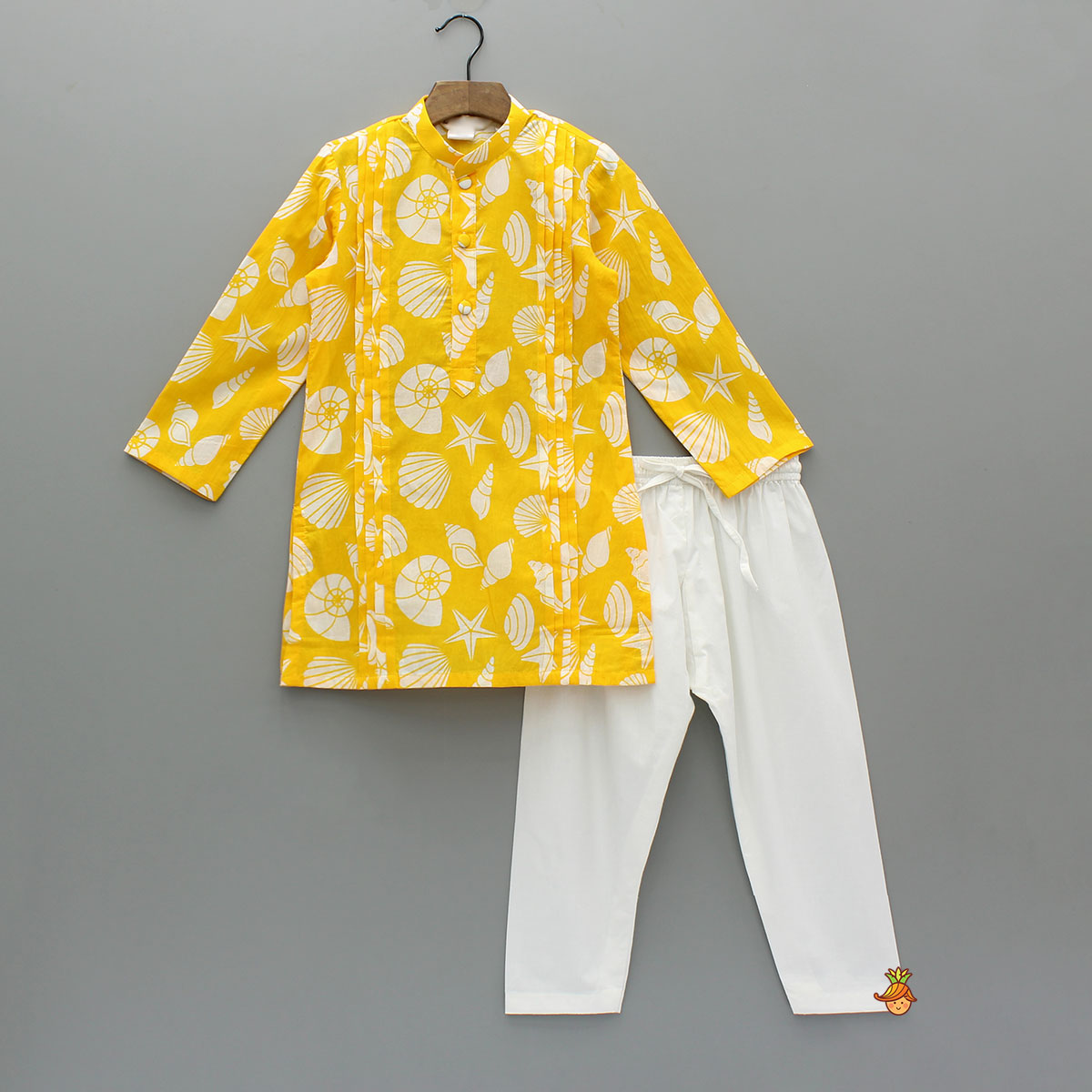 Pintuck Detailed Yellow Printed Kurta With Pyjama