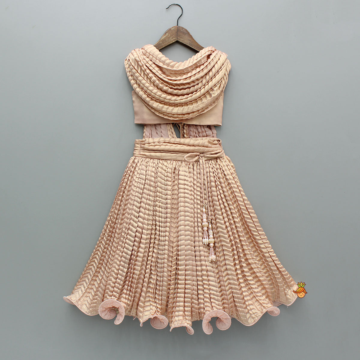 Pre Order: Gorgeous Shimmery Pink Draped Top With Shimmery Lehenga