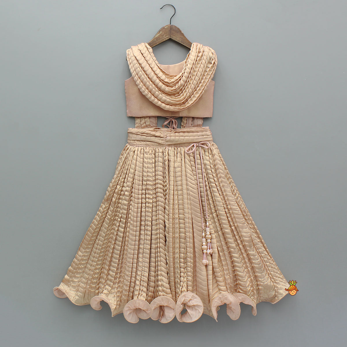 Pre Order: Gorgeous Shimmery Pink Draped Top With Shimmery Lehenga