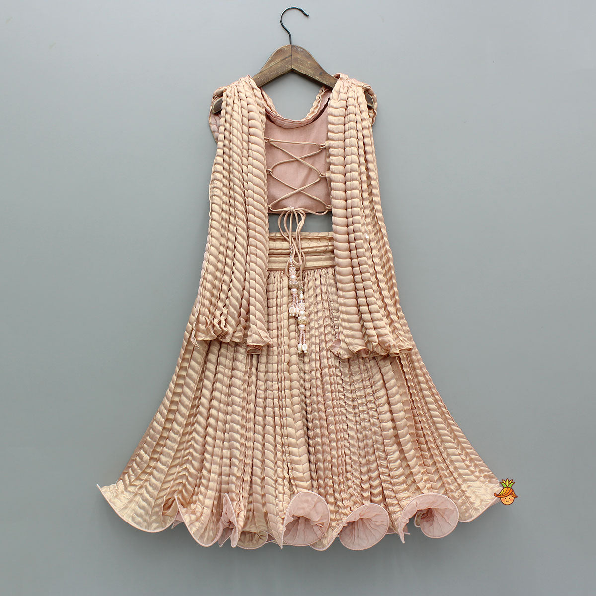 Pre Order: Gorgeous Shimmery Pink Draped Top With Shimmery Lehenga