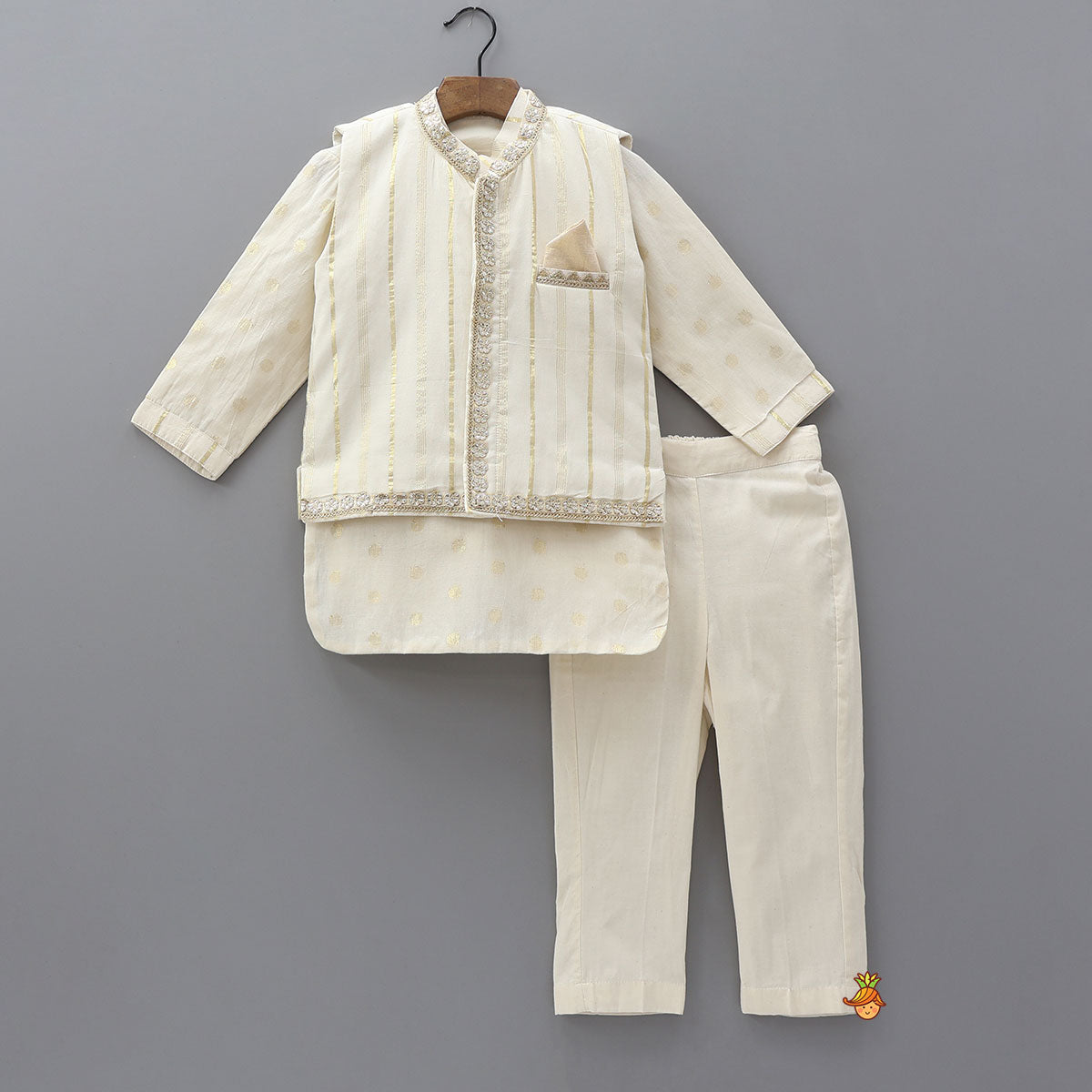 Pre Order: Off White Embroidered Cotton Kurta With Shimmery Pocket Square Jacket And Pyjama