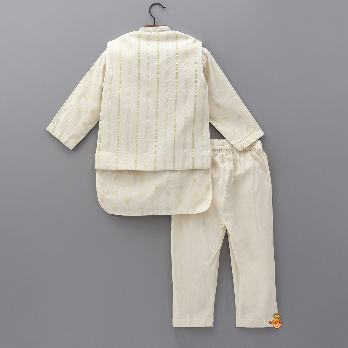 Pre Order: Off White Embroidered Cotton Kurta With Shimmery Pocket Square Jacket And Pyjama