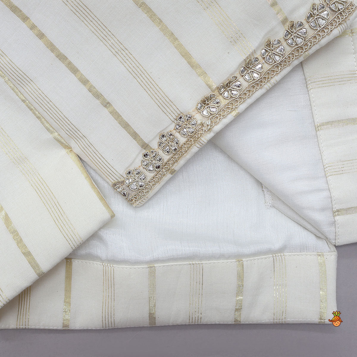 Pre Order: Off White Embroidered Cotton Kurta With Shimmery Pocket Square Jacket And Pyjama