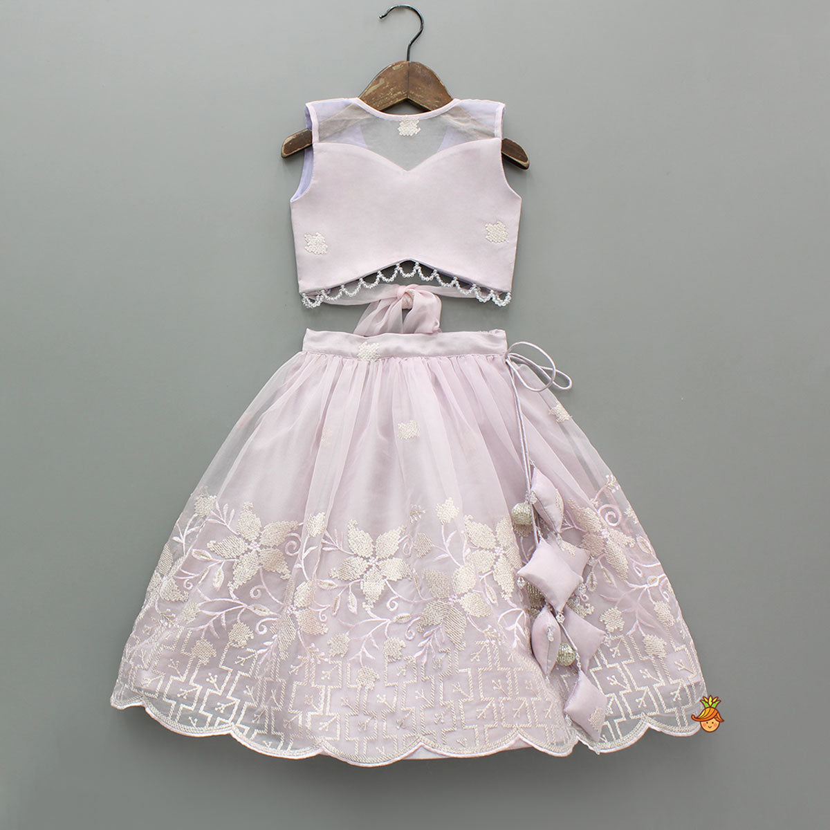 Pre Order: Lilac Organza Crop Top With Lehenga